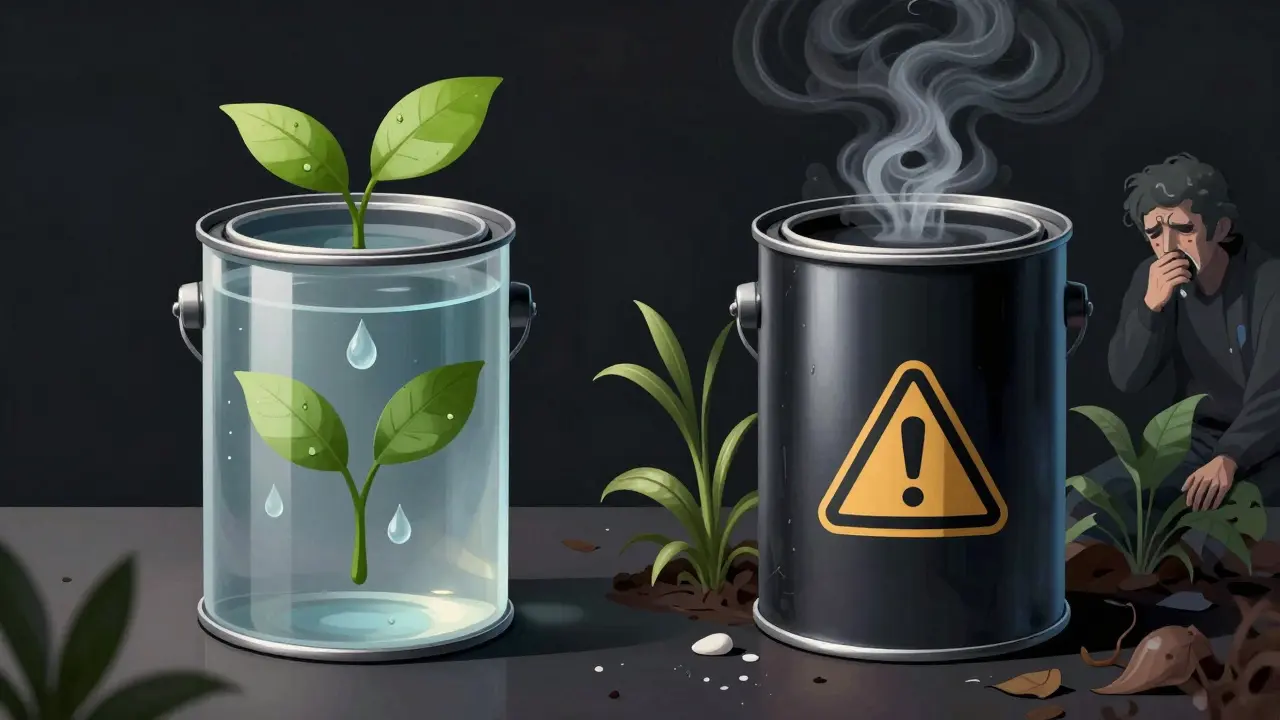 Vergleich von zwei Farbdosen: wasserbasiert mit Natursymbolen und lösemittelhaltig mit giftigen Dämpfen.