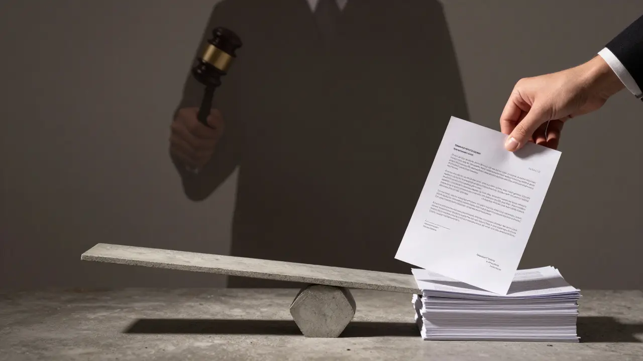 Waage mit Fundament und rechtlichen Unterlagen, die Compliance symbolisiert.