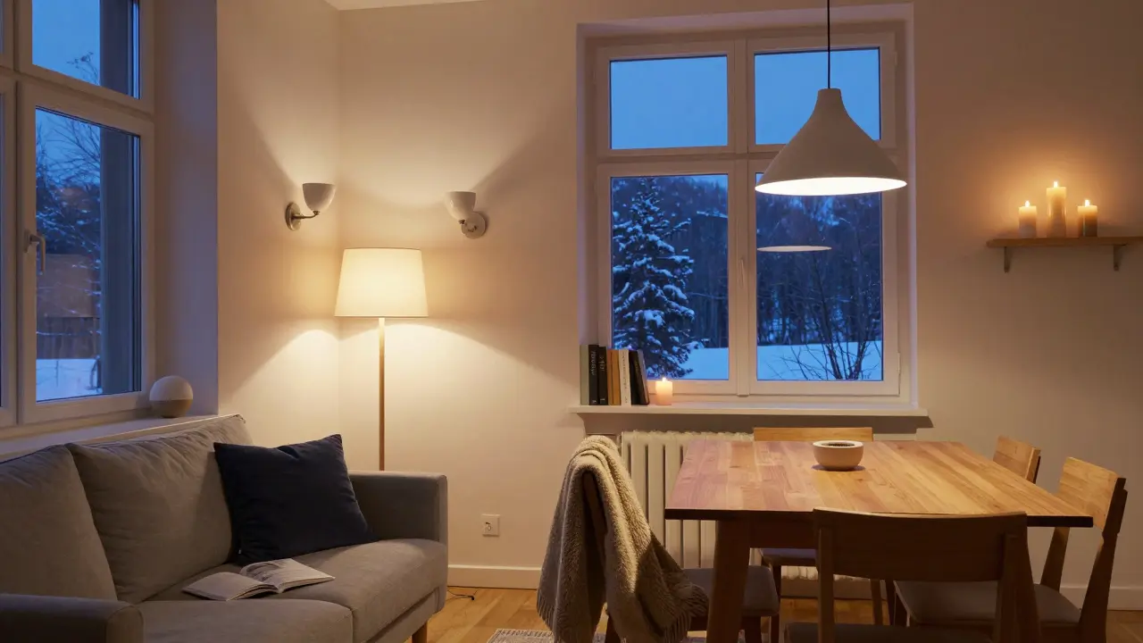 Abendliche Szene mit sieben Lichtquellen, einer Wolldecke und einem dunkelblauen Kissen in einem ruhigen, skandinavisch gestalteten Raum.