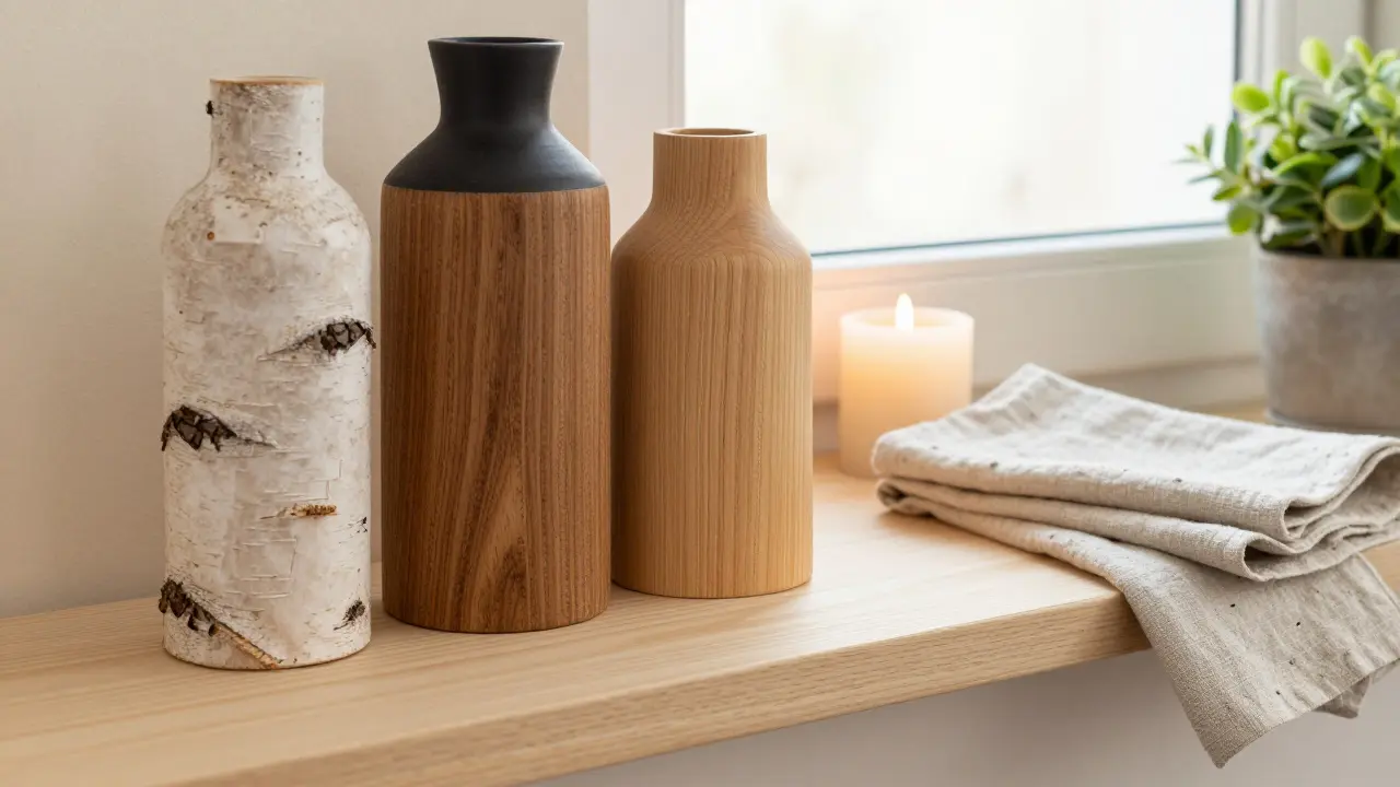 Detailansicht dreier Holznuancen, einer Leinentextur, einer Kerze und einer keramischen Vase auf einer cremeweißen Wand.