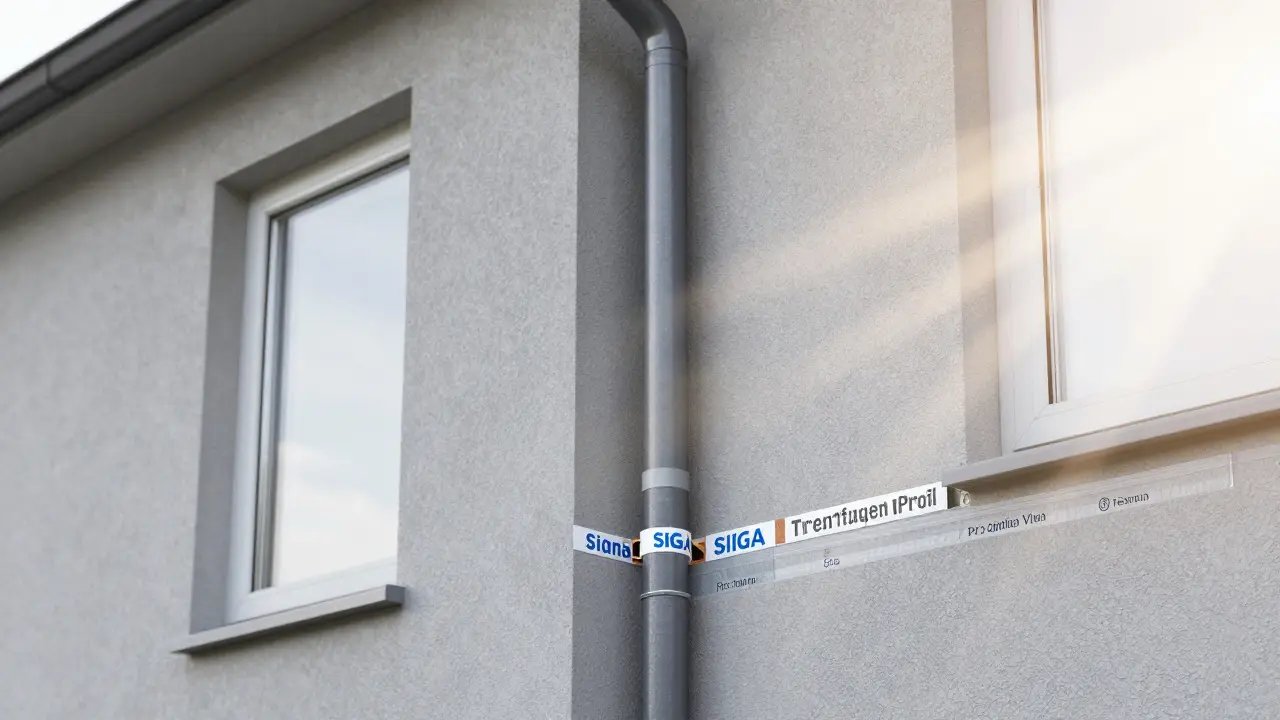 Detailansicht einer luftdichten Trennfuge zwischen zwei Reihenhäusern mit speziellen Dichtungsprofilen und Abdichtungen.