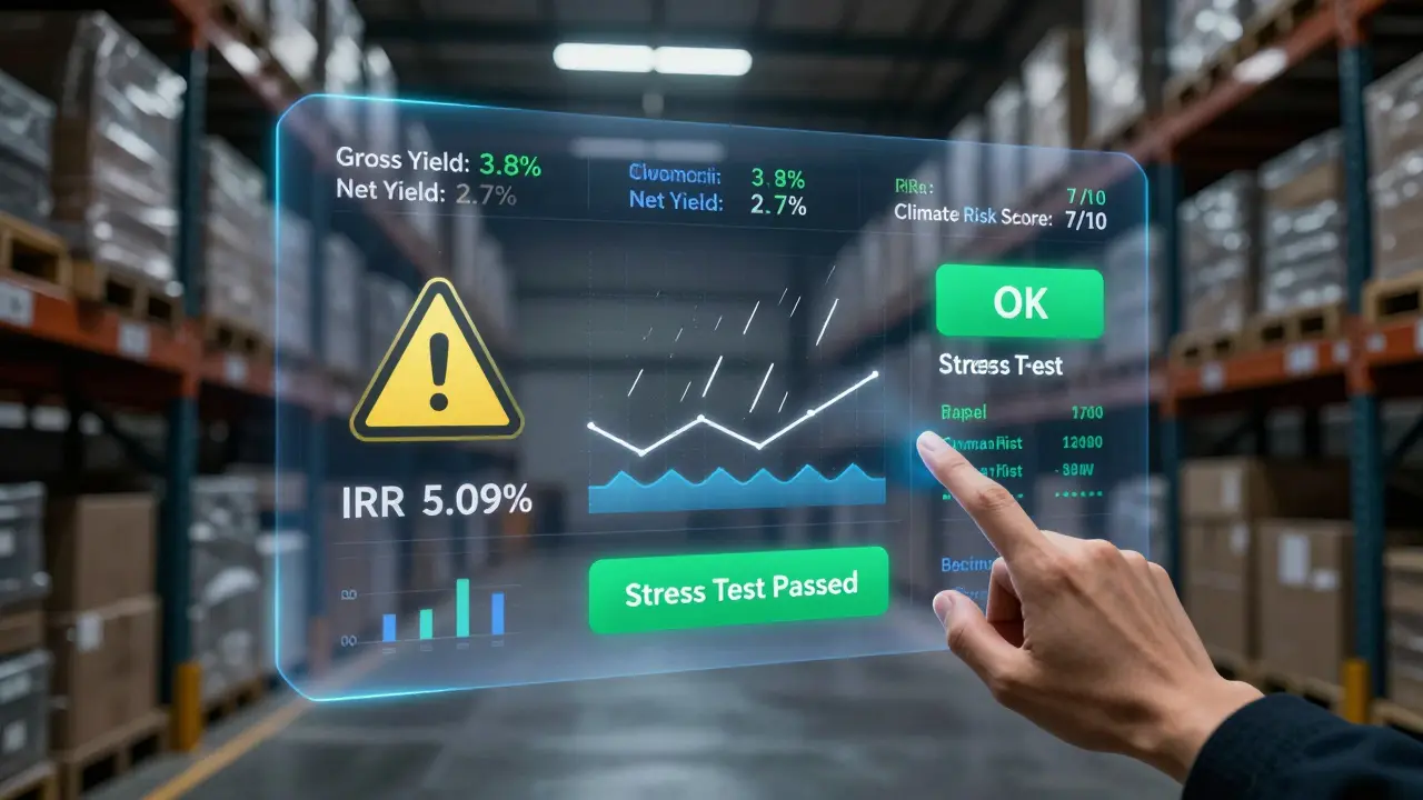 Digitaler Dashboard mit Immobilienrendite-Parametern und Klimarisiko-Warnung über einem Lagerhaus.