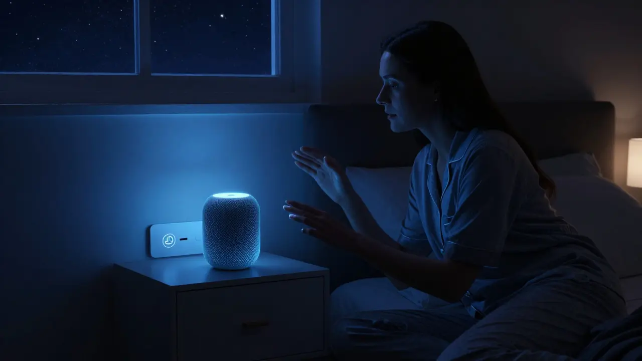 Ein HomePod mini steuert in einem dunklen Schlafzimmer Heizung und Jalousien lokal — ohne Internetverbindung.
