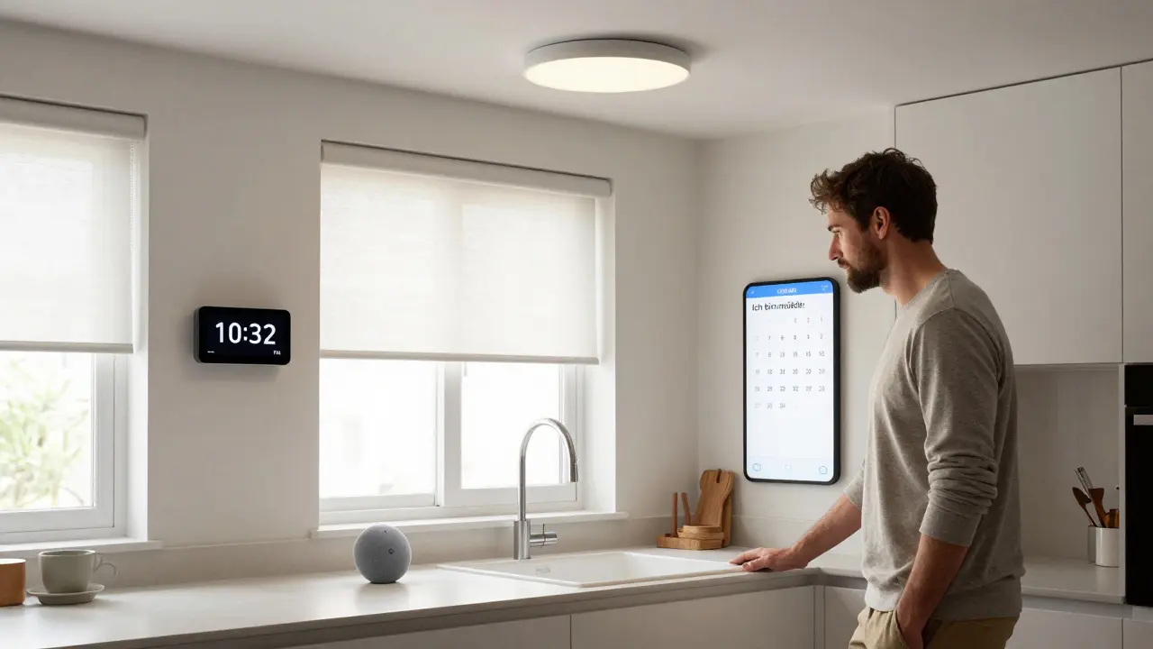 Ein Mann sagt 'Ich bin müde', und das Licht dimmt sich, die Jalousien schließen sich und Musik spielt sanft.