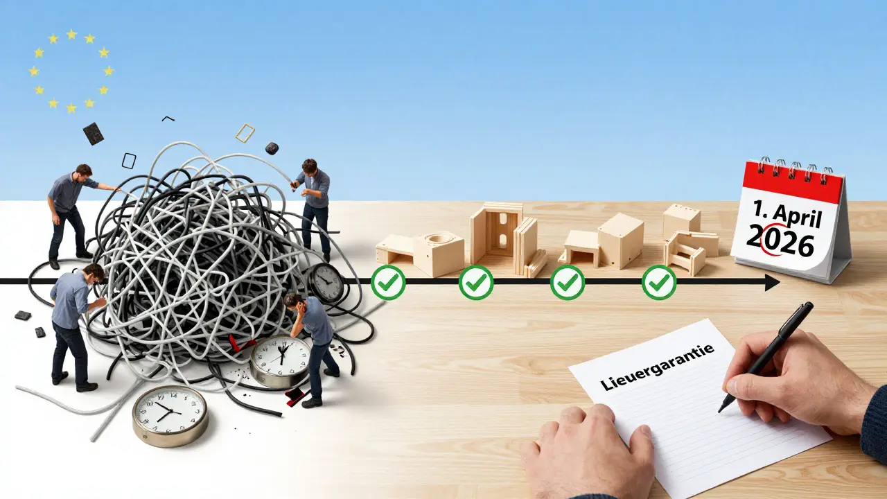 Eine Timeline von chaotischen Lieferverzögerungen hin zu strukturierten, geplanten Renovierungsabläufen mit Reparatur-Symbol.