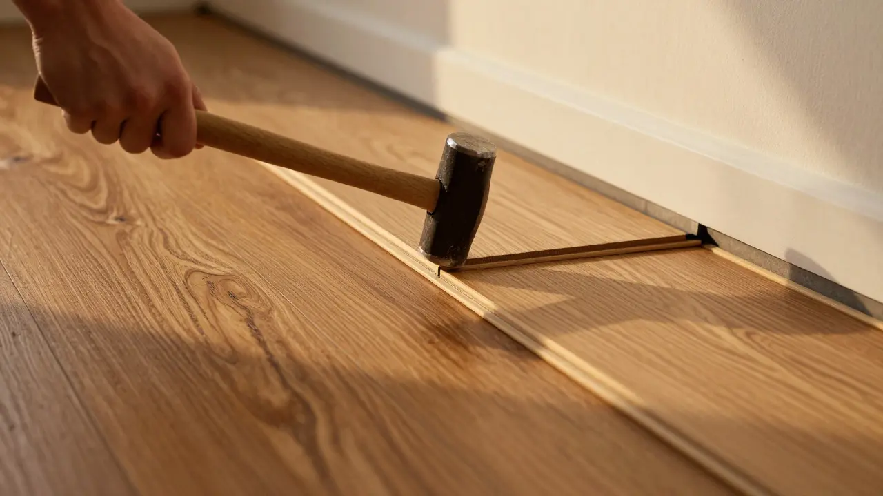 Feinabstimmung von Parkett-Planken mit Mallet und Dehnungsfuge.