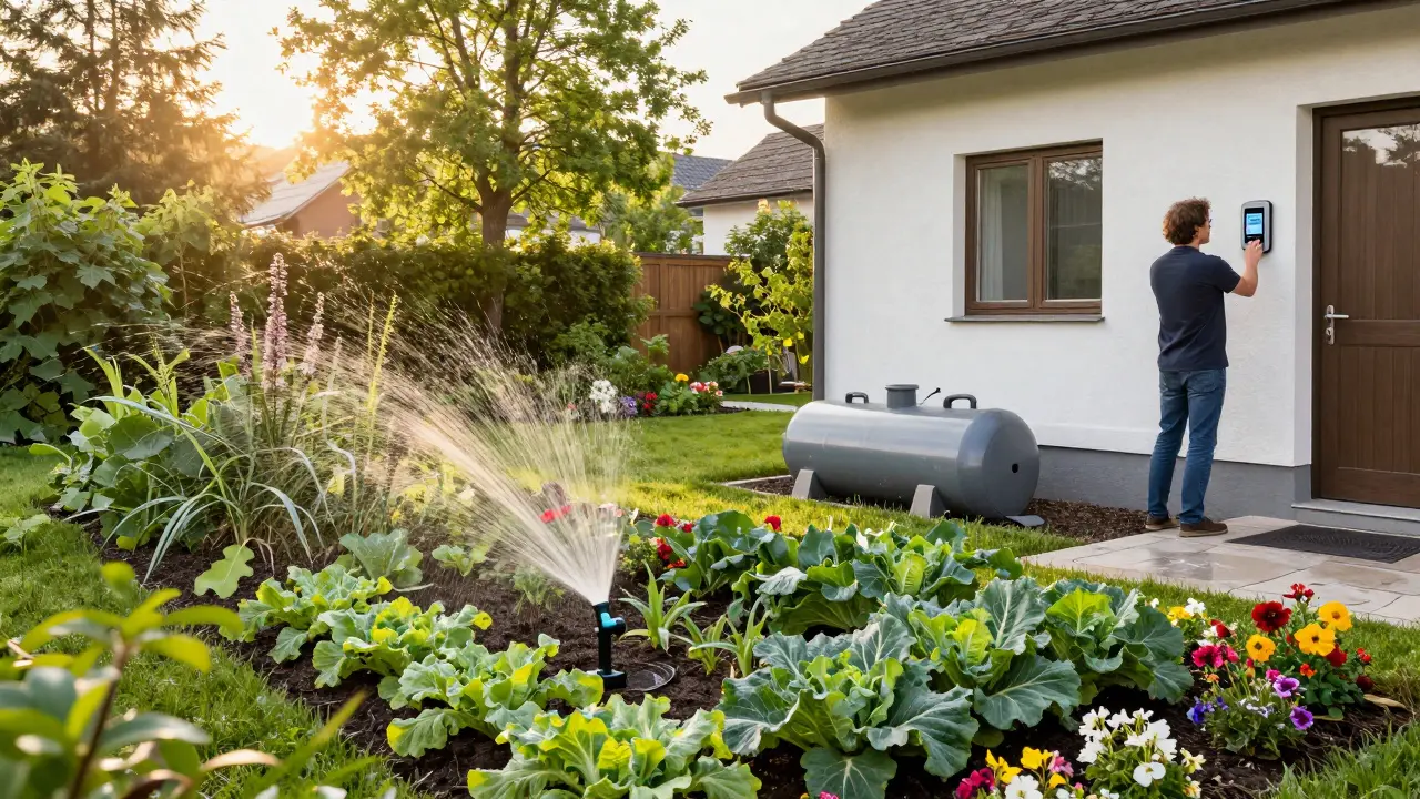 Garten in Graz, der mit Grauwasser bewässert wird, neben einem versteckten Speichertank.