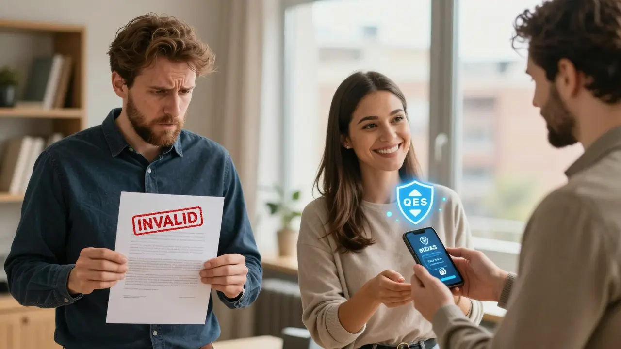 Gegensatz: ungültiger Papiervertrag vs. sichere digitale Unterschrift mit QES-Schutzsymbol.
