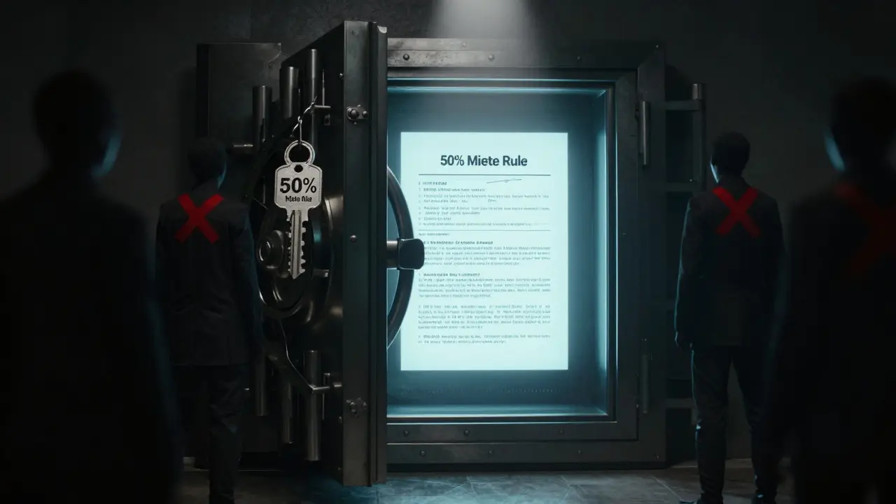 Geschlossener Tresor mit Schlüssel '50% Miete Regel', Schattenfiguren außen mit roten X.