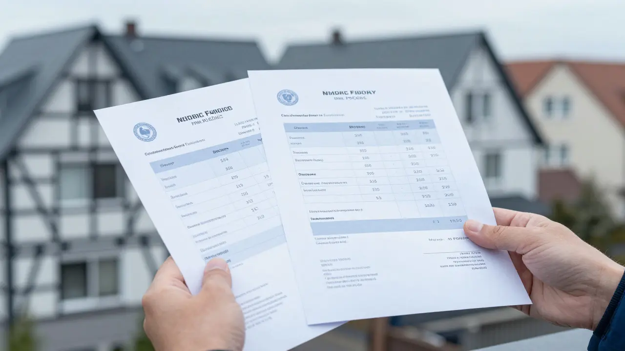 Hand hält zwei separate Rechnungen für Dachsanierung vor einem Reihenhaus.