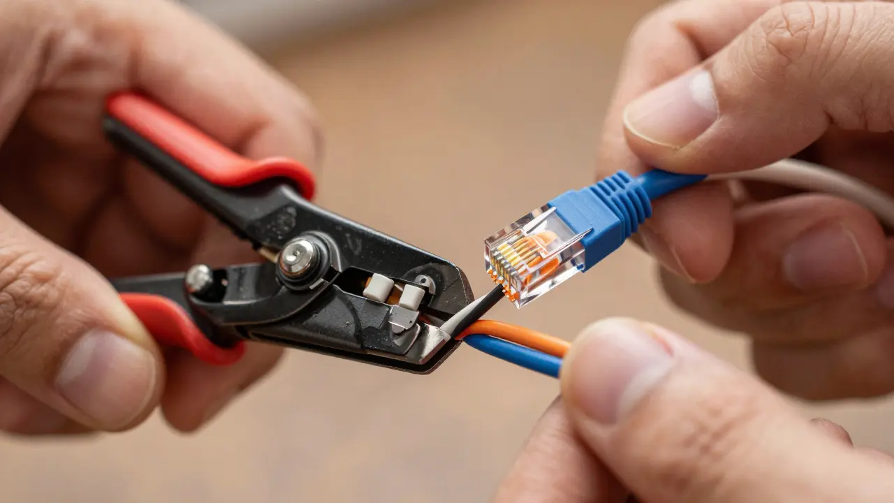 Hand mit Crimpzange beim Anschließen von Netzwerkkabeln.