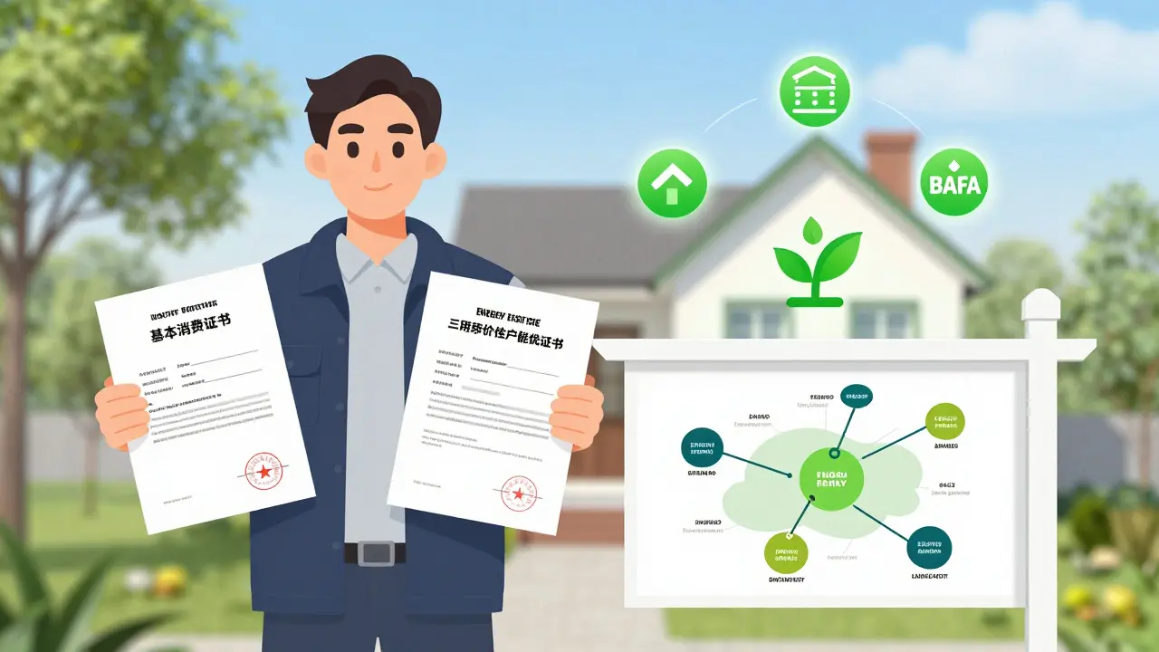 Hausbesitzer hält Energieausweis mit Sanierungsfahrplan neben Immobilien-Schild.