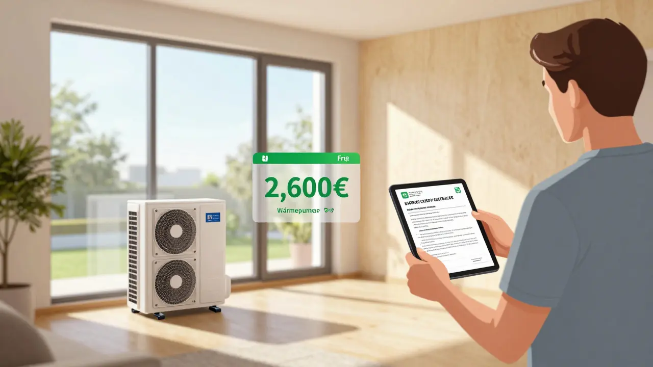 Hausbesitzer mit digitalem Energieausweis in einem modernisierten Wohnzimmer mit neuen Fenstern und Wärmepumpe, warmes Licht und Energieeinsparungen als Überlagerung.