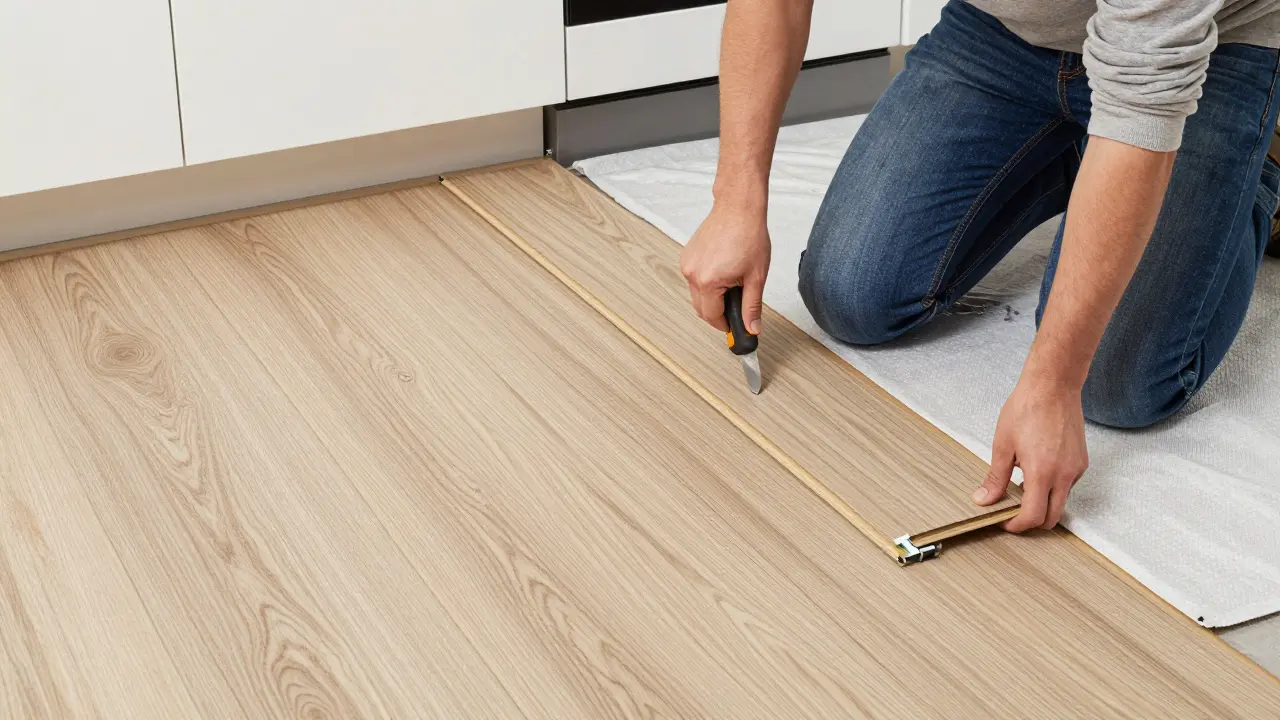Jemand verlegt Vinyl-Klickboden in der Küche mit Messer.