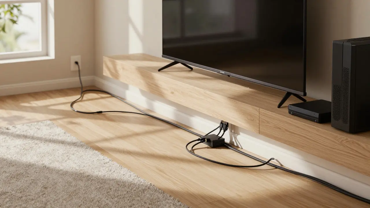 Modernes Wohnzimmer mit Gaming-Set-up über Ethernet-Kabel.