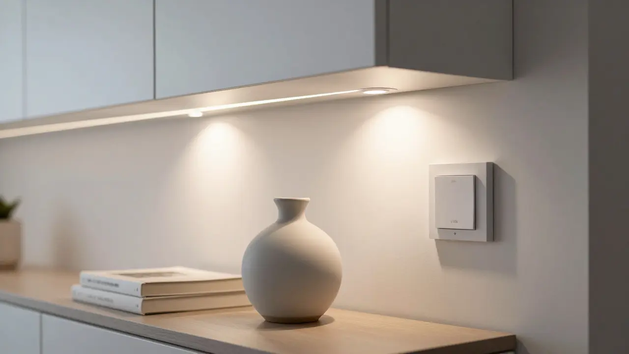 Nahaufnahme einer LED-Leiste unter einem Regal, die Wand beleuchtet, mit zwei warmen Spots auf einem Buch und einer Vase.