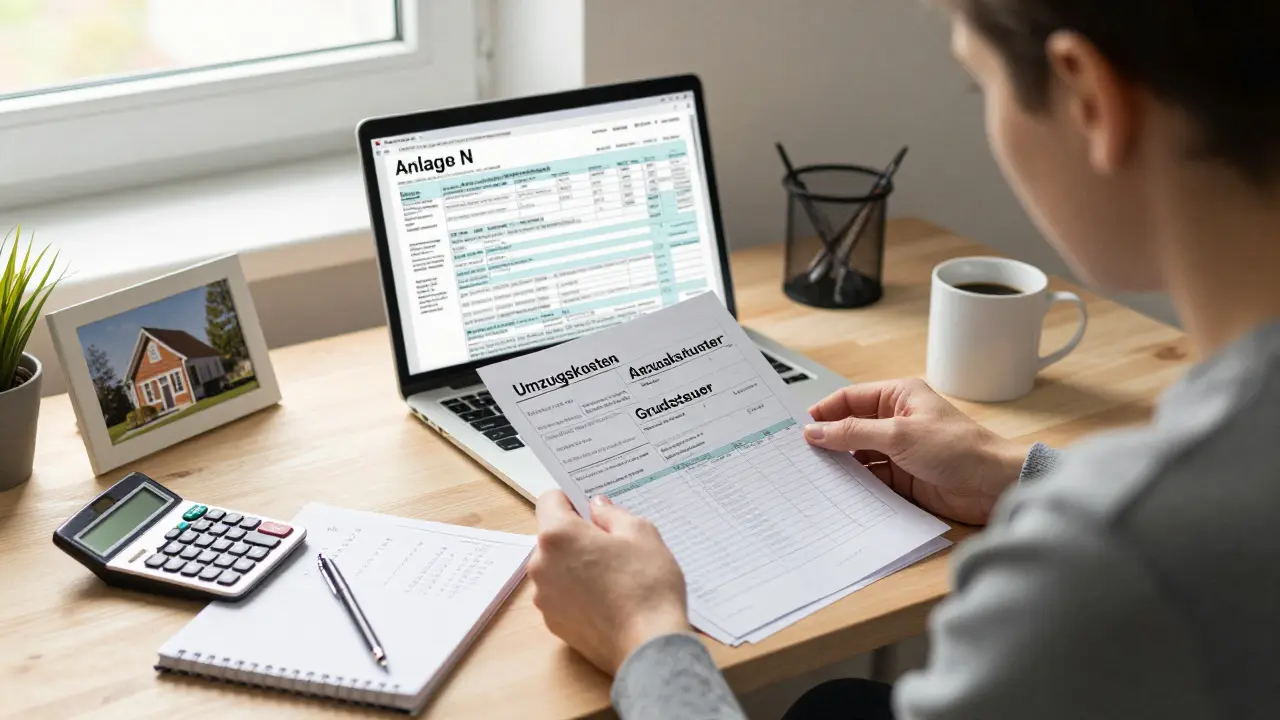 Steuerberater analysiert Rechnungen für Umzugskosten und Grundsteuer in einem Heimbüro.
