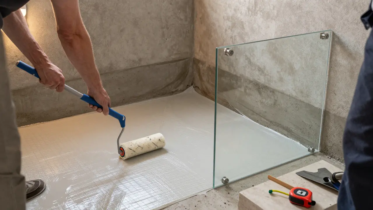 Technician applying waterproofing membrane and glass fiber mesh to prepare a bathroom floor for glass shower installation.