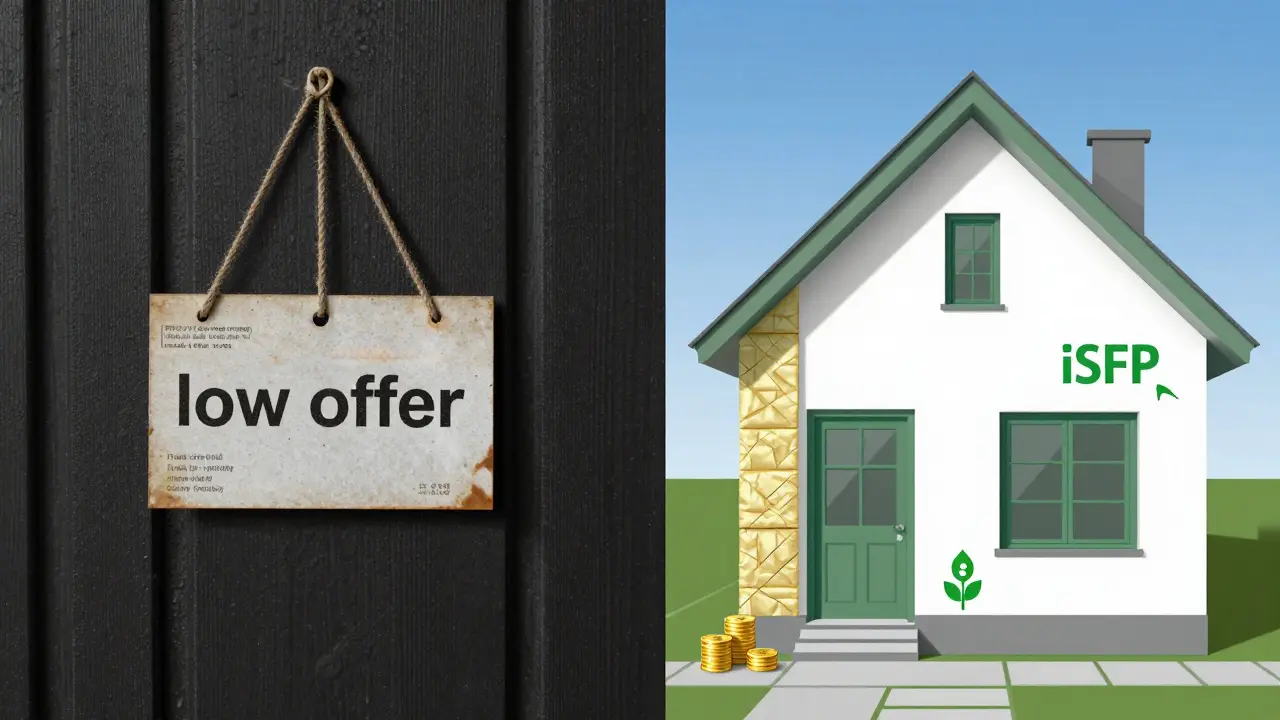 Vergleich: Altes Haus links, sanierter Energieeffizienz-Standard rechts mit Förderhinweisen.