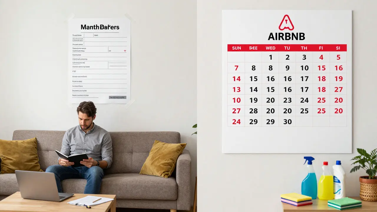 Vergleich einer ruhigen Langzeitmietwohnung in Graz mit einer hektischen Airbnb-Vermietung.