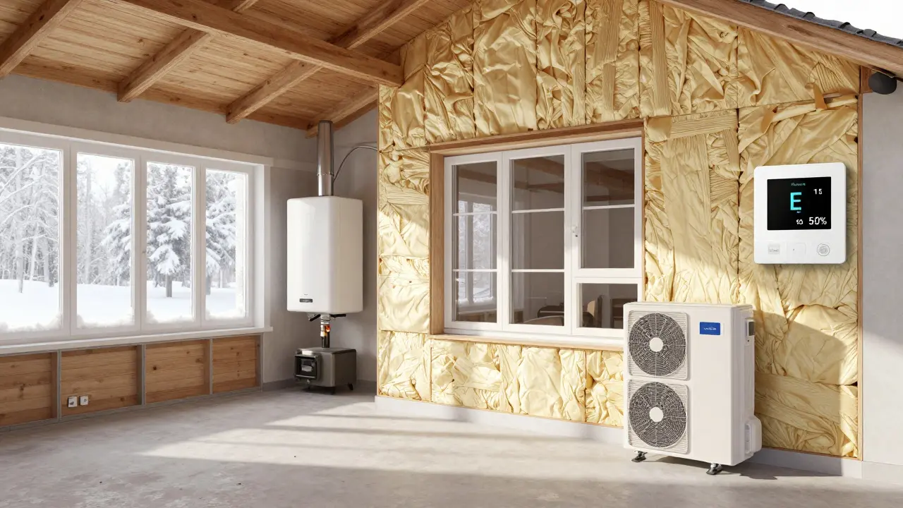 Vergleich eines renovierten Hauses: links alt und kalt, rechts modern, gedämmt und mit warmem Licht, Klasse E auf dem Thermostat.