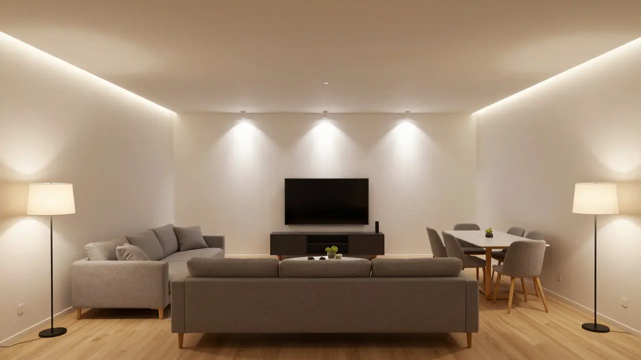 Vogelperspektive eines Wohnzimmers mit acht Lichtquellen, die verschiedene Zonen sanft beleuchten.