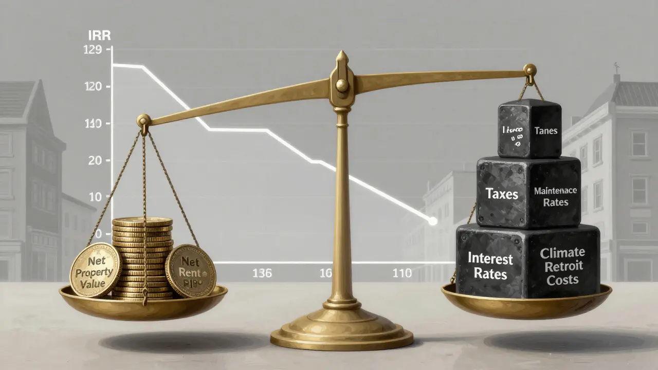 Waage mit Mieteinnahmen auf einer Seite und hohen Kosten wie Steuern und Instandhaltung auf der anderen Seite.