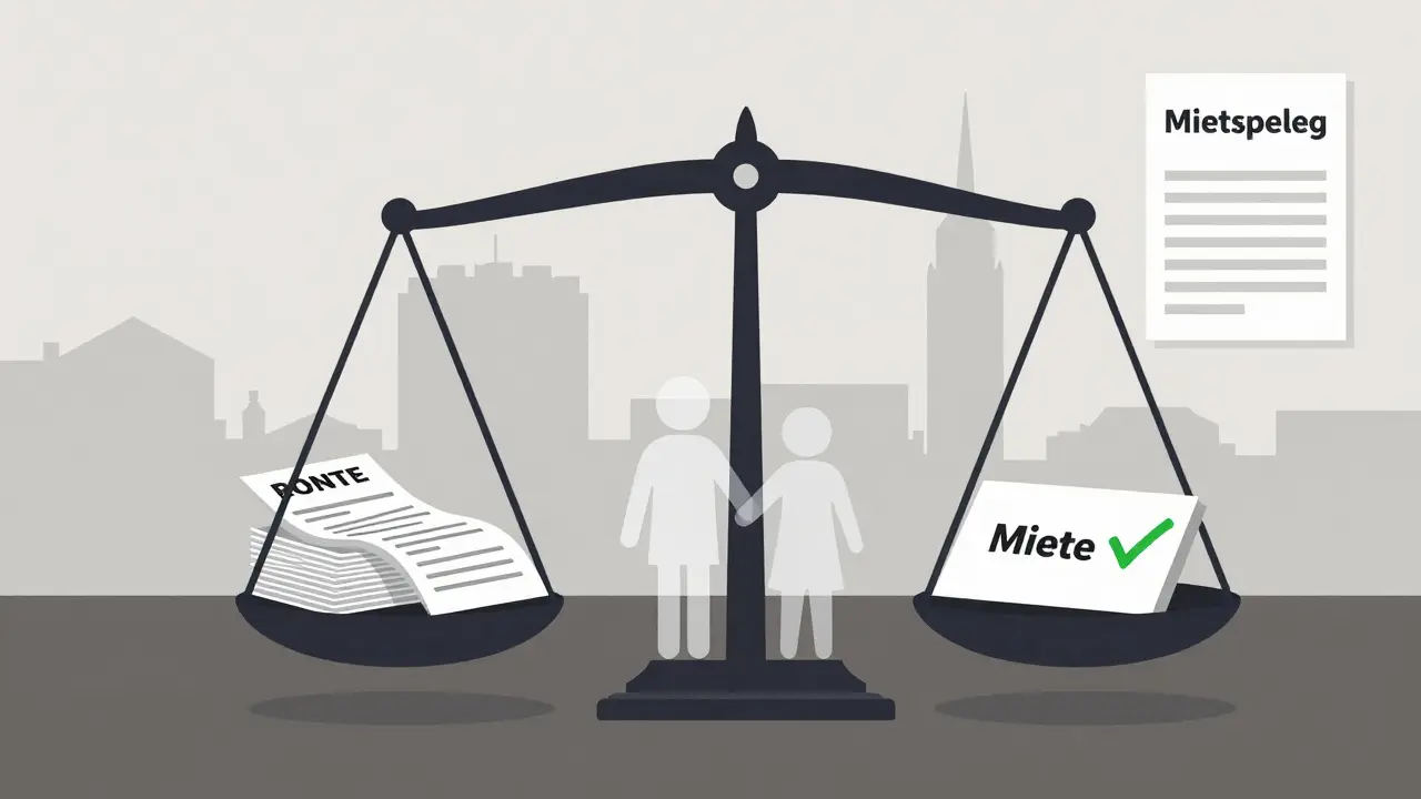 Waage mit Unterlagen für Wohnkosten und einer Banküberweisung mit Aufschrift 'Miete'.