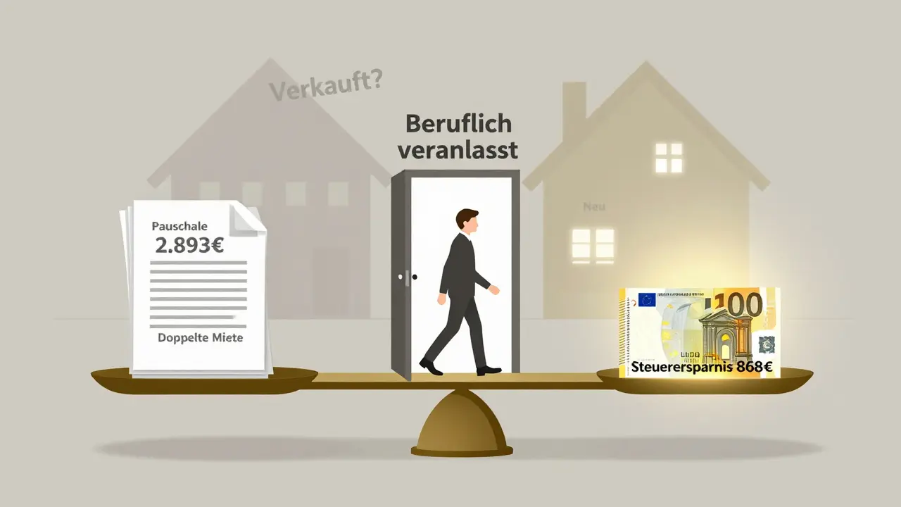Waage zeigt Umzugskostenpauschale und Steuerersparnis, mit Übergang von altem zu neuem Zuhause.