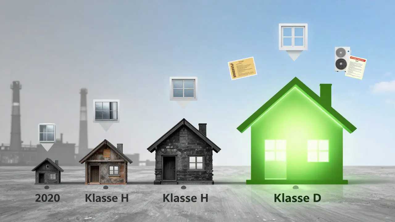 Zeitlinie eines Hauses, das sich von Klasse H zu Klasse D transformiert, mit Isolierung, Fenstern und Förderungen als Symbole, Hintergrund von Grau zu Blau wechselnd.