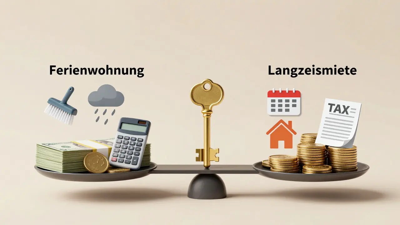 Zwei Waagschalen zeigen die Kosten von Ferien- versus Langzeitmieten mit finanziellen Symbolen.