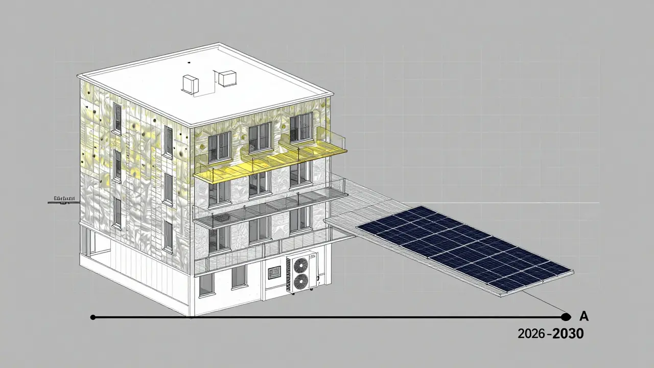 Architekturplan eines Sanierungsprozesses von Energieklasse F zu A mit Dämmung, neuen Fenstern und Wärmepumpe.