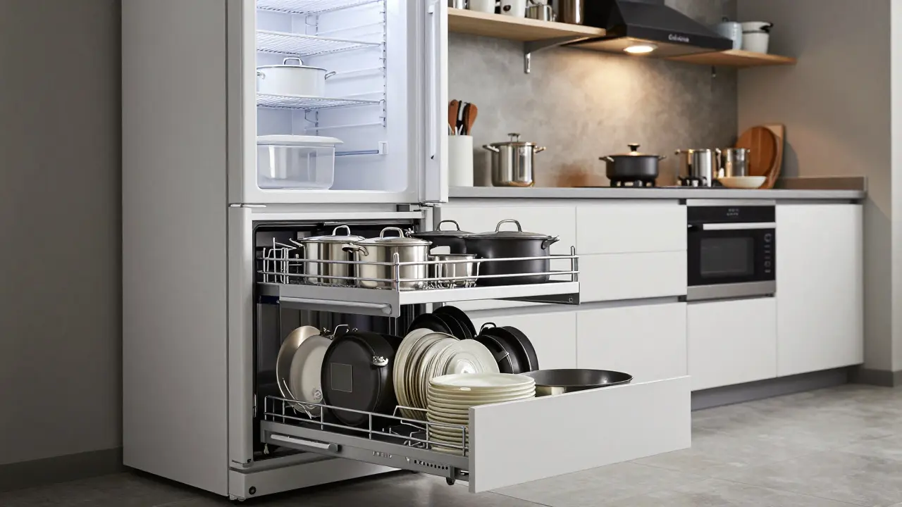 Ausziehbare Schublade mit organisierten Töpfen und Pfannen, kombiniert mit kompakten Küchengeräten in einer engen Küche.