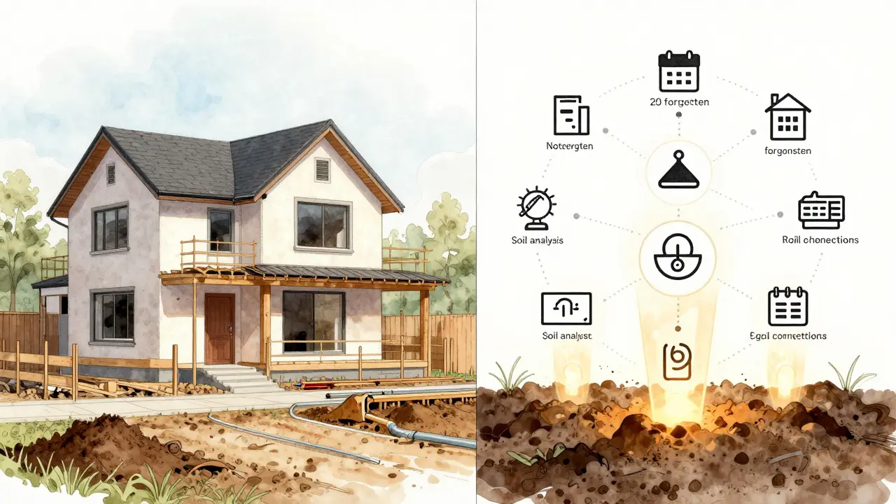 Baustelle links, versteckte Kosten als Symbole rechts, technische Zeichnung mit Wasserfarb-Tönen.