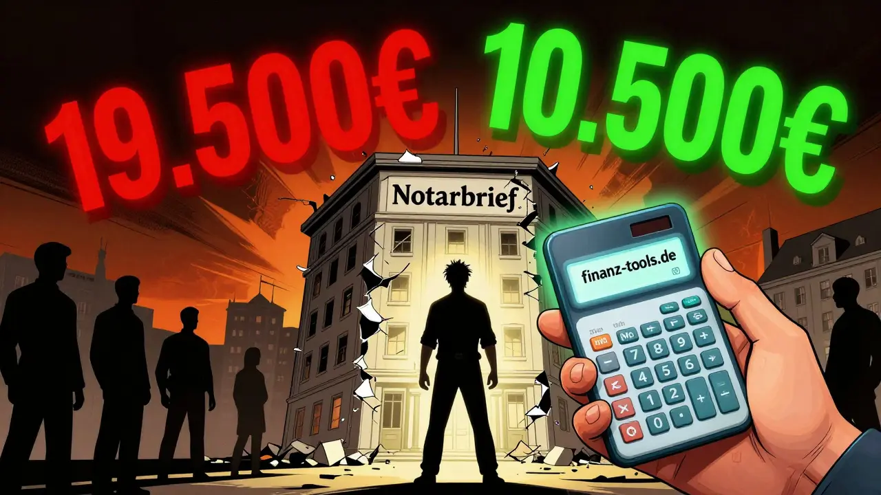 Comic-Stil: Käufer vor einem Gebäude aus Steuerbeträgen, unterstützt durch einen Rechner.