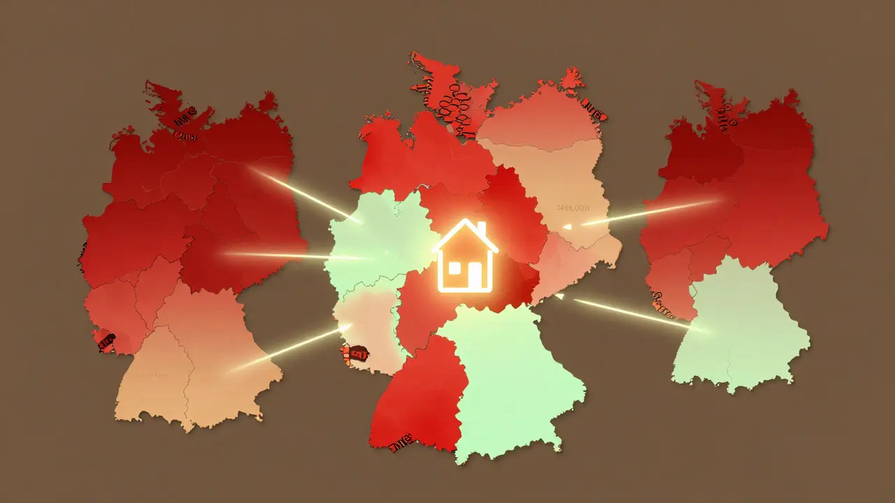 Deutschlandkarte mit farblich unterschiedlichen Steuersätzen für Grunderwerbsteuer 2025.