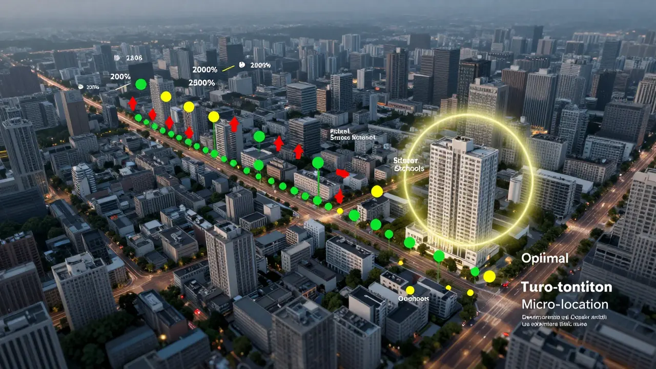Digitale Datenvisualisierung einer Straßenblock-Umgebung mit Lärm, Fahrradverkehr und Nahversorgungsmarkierungen.