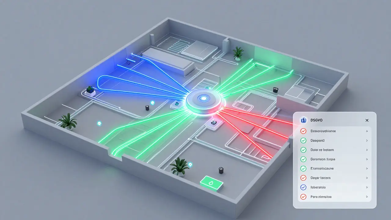 Digitales Floorplan-Overlay mit farbcodierten Netzwerken und aktivierten Smart-Home-Checklist-Punkten.