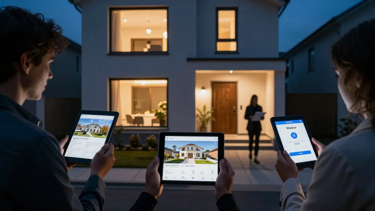 Drei potenzielle Käufer betrachten unterschiedliche Immobilienanzeigen an einem Haus — eine mit schlechten Fotos, eine mit professionellen Bildern, eine mit steigendem Angebot.