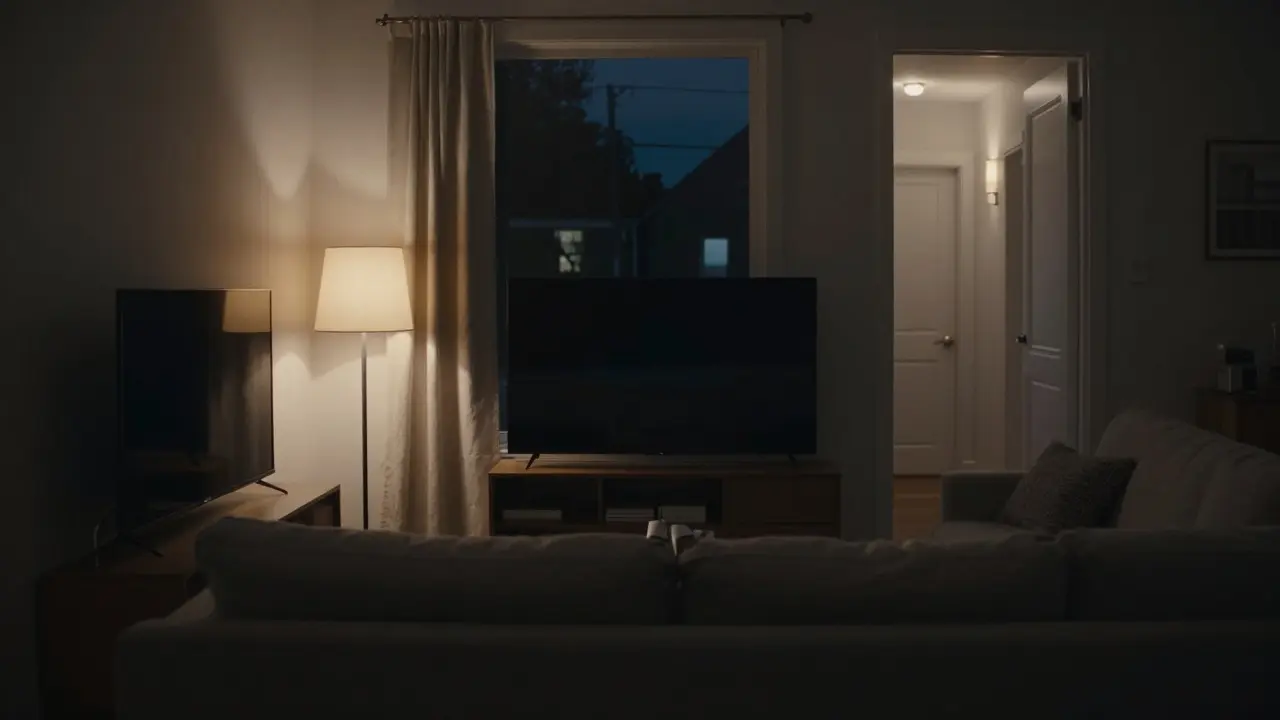 Durch ein Wohnzimmerfenster: ein Fernseher und Lampe gehen unregelmäßig an und aus, kein Mensch sichtbar.