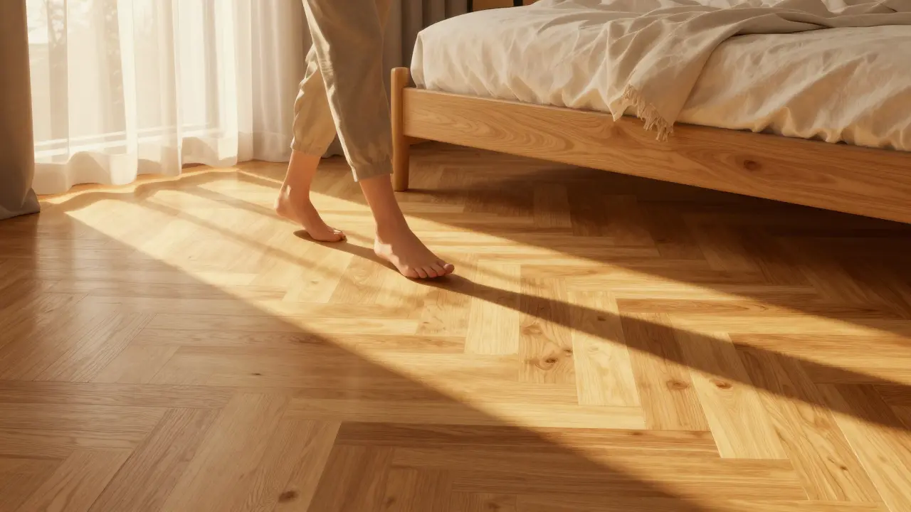 Echtes Parkett in einem gemütlichen Schlafzimmer, Sonnenlicht fällt auf die Holzoberfläche, barfuß laufend.