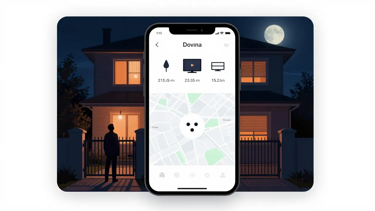 Ein Einbrecher zögert vor einem Haus, dessen Lichter sich unvorhersehbar einschalten — Smart-Home-Steuerung im Hintergrund.