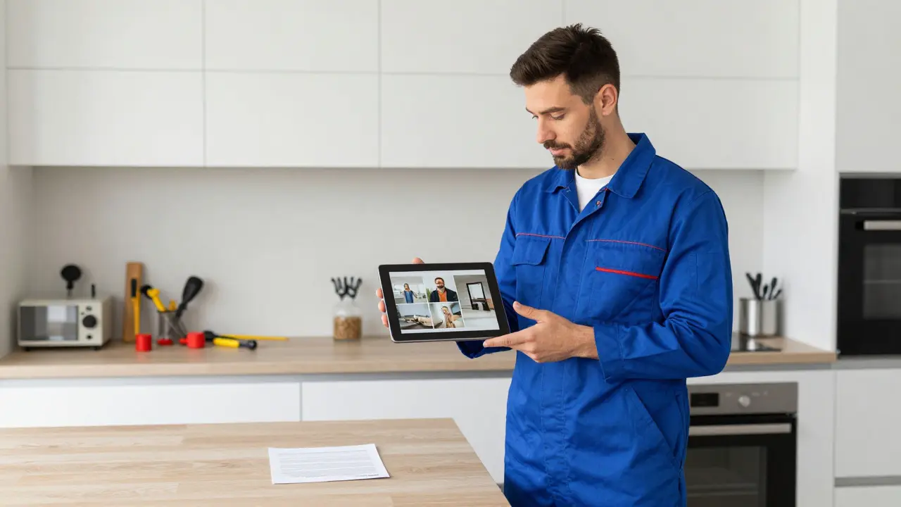 Ein Handwerker zeigt einem Kunden Fotos von Referenzprojekten in einer modernen Küche.