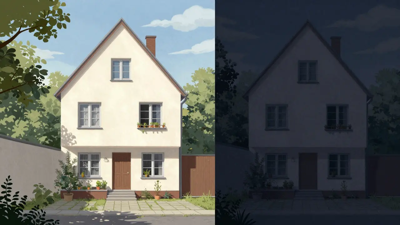 Ein Haus mit sonniger Südfassade und ruhigem Innenhof gegenüber einer lauteren Nordseite mit Autobahnansicht.