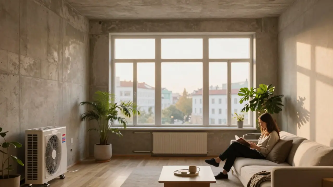 Ein helles, modernes Wohnzimmer in einem renovierten ehemaligen Bürogebäude mit großen Fenstern und Wärmepumpe.