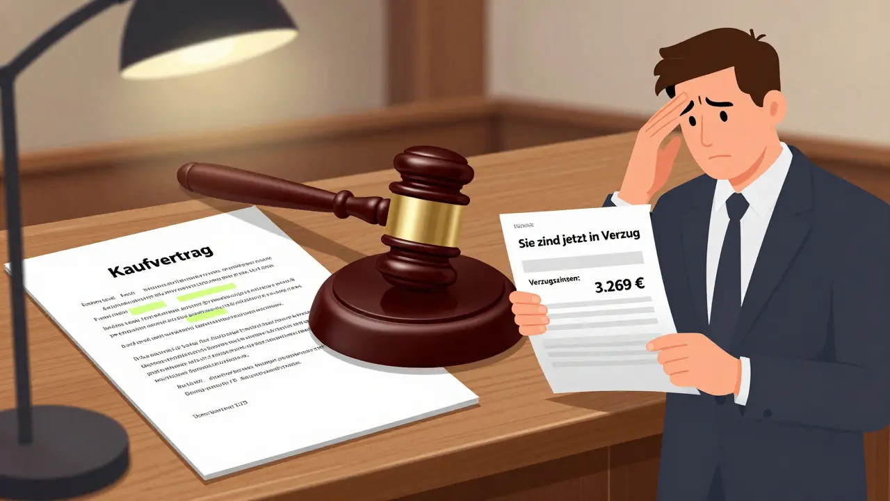 Ein Richterhof-Szenario mit Kaufvertrag und Zinsberechnung, unter einem einzelnen Licht, symbolisierend rechtliche Konsequenzen.