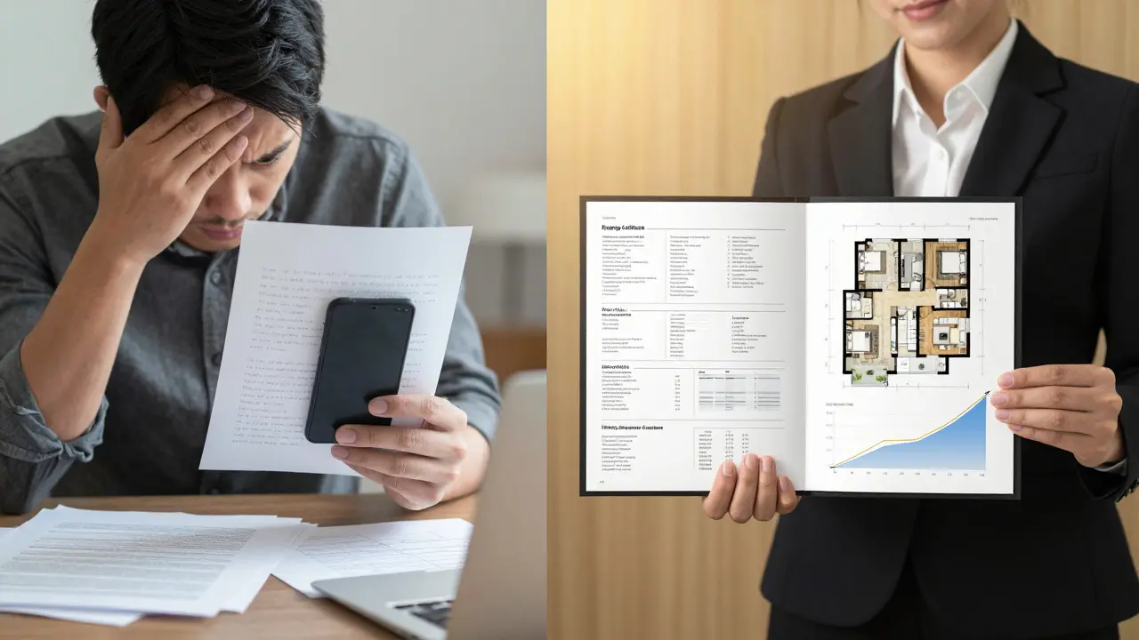 Ein verunsicherter Eigenverkäufer mit zerknüllten Papieren neben einem professionellen Makler, der eine digitale Dokumentenmappe mit Schlüsselunterlagen präsentiert.