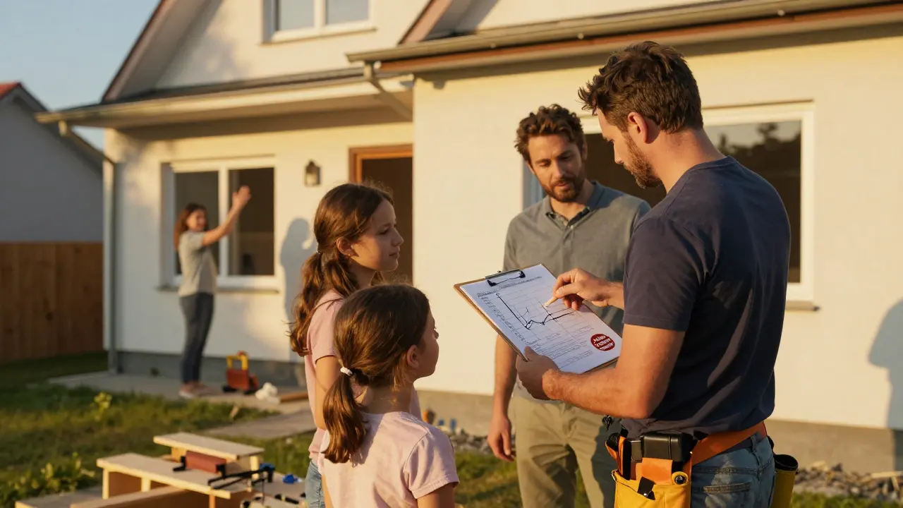 Eine Familie beobachtet einen Meisterhandwerker, der einen Zeitplan für die Sanierung erklärt.