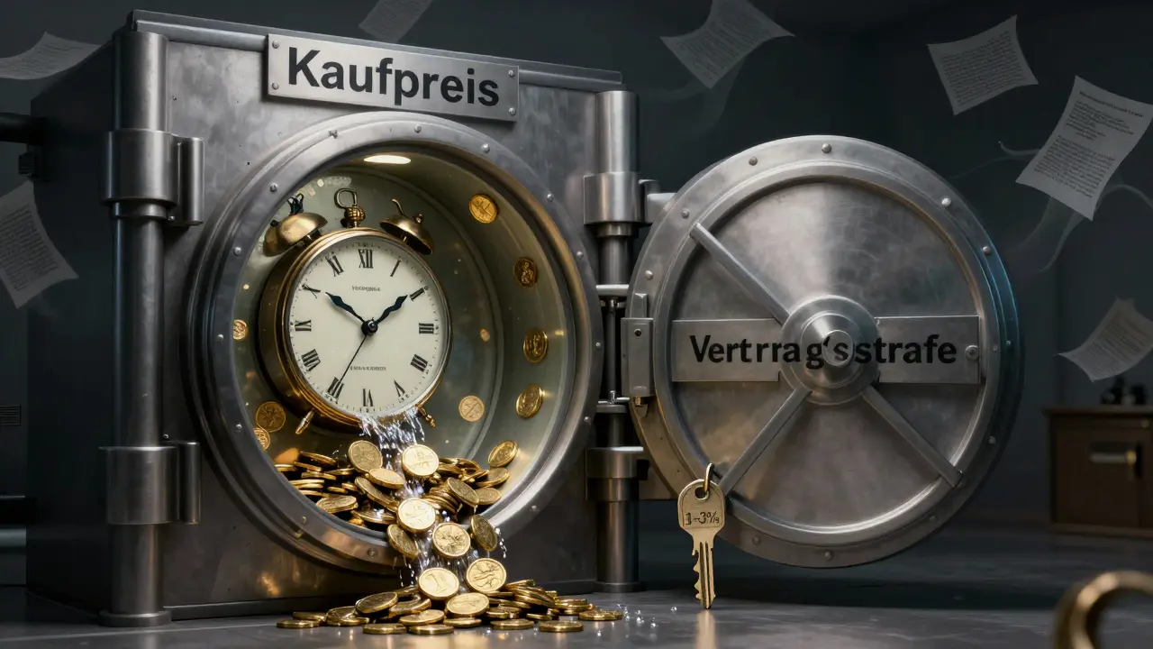 Eine verschlossene Geldkassette mit fließenden Zinsen, neben einer Schlüsselmarke für Vertragsstrafe, als metaphorische Darstellung rechtlicher Absicherung.