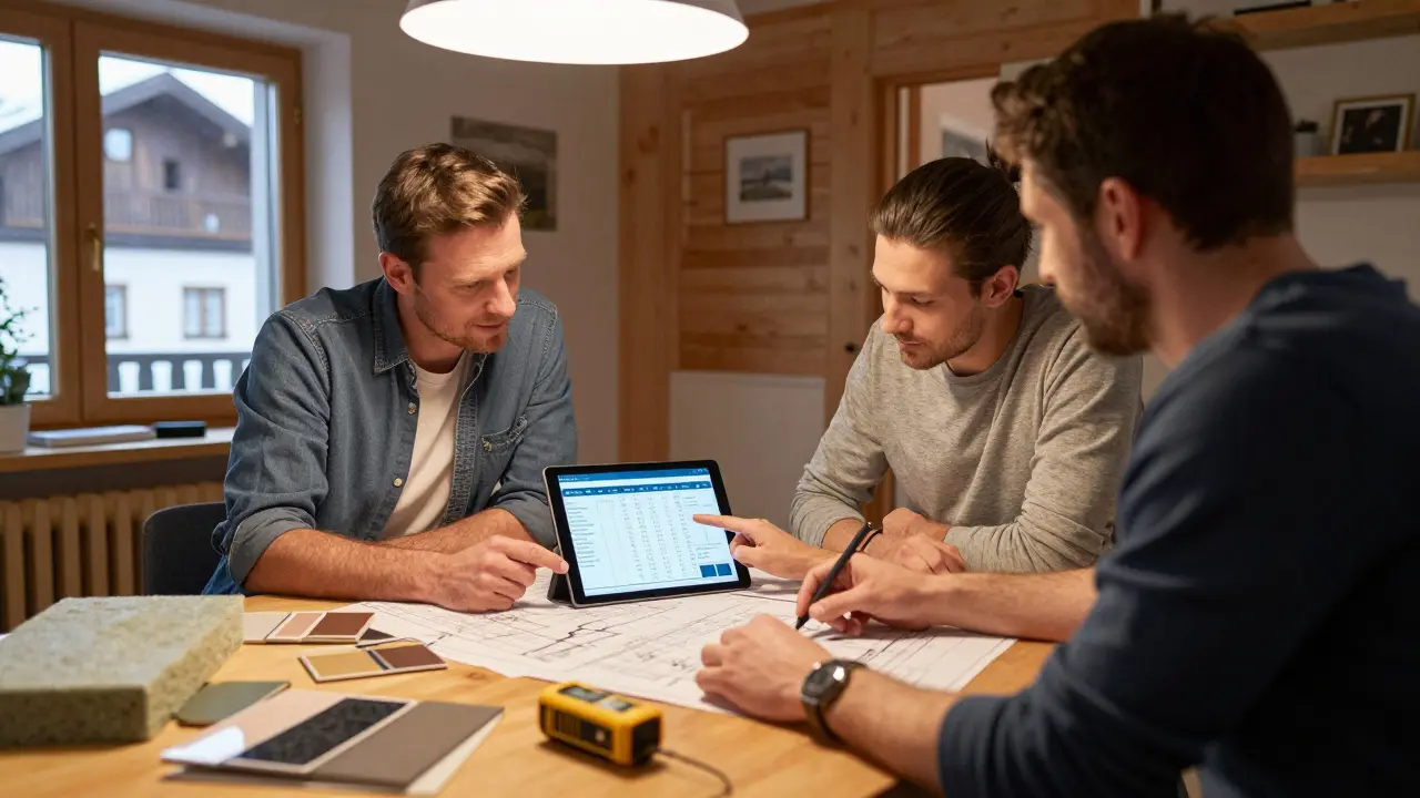 Energieberater erklärt einem Hausbesitzer und Handwerkern den Sanierungsfahrplan an einem Tisch mit Bauplänen und Messgeräten.